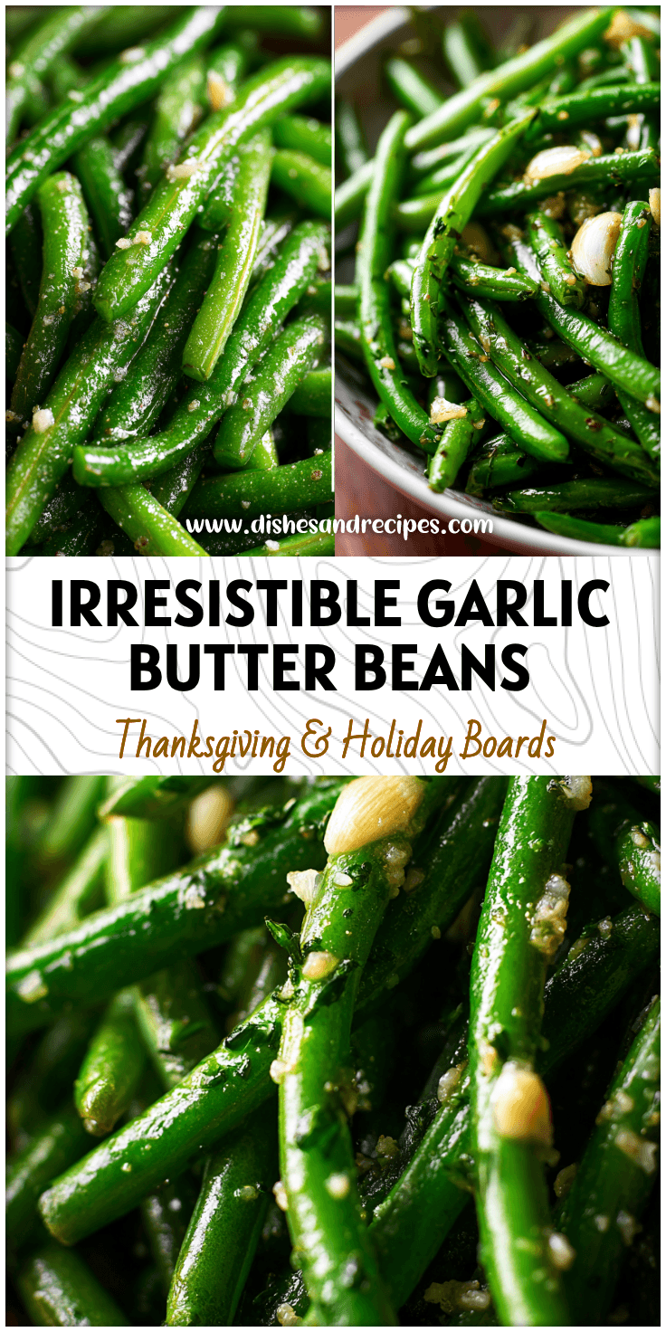 Bright green cooked green beans sautéed in garlic butter and served as a flavorful vegetable side dish